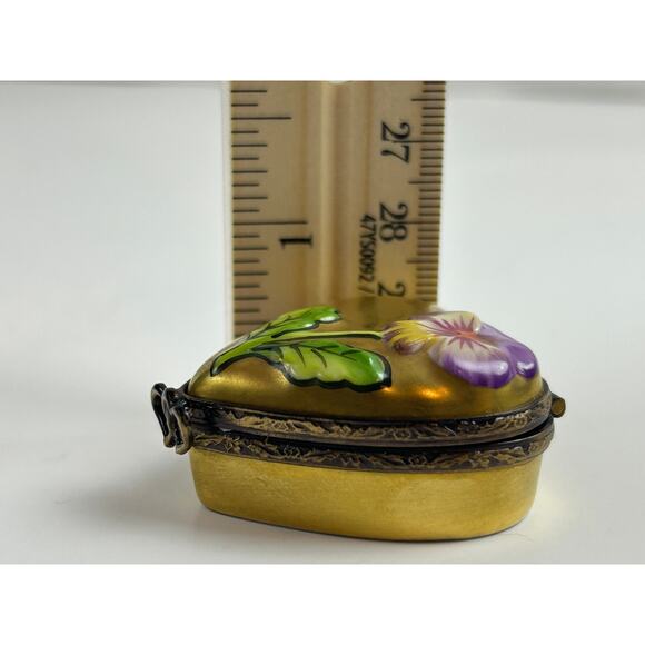 Rochard Limoges France Heart Trinket Box Hand Painted Pansy Gold Porcelain - Picture 12 of 12